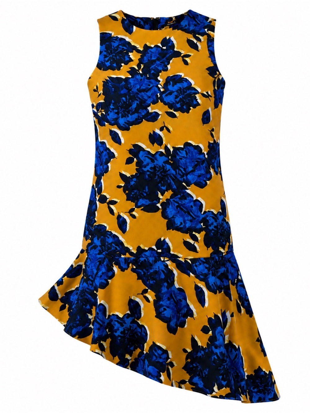 Who What Wear Mustard Asymmetrical Floral Dress with Royal Blue Print